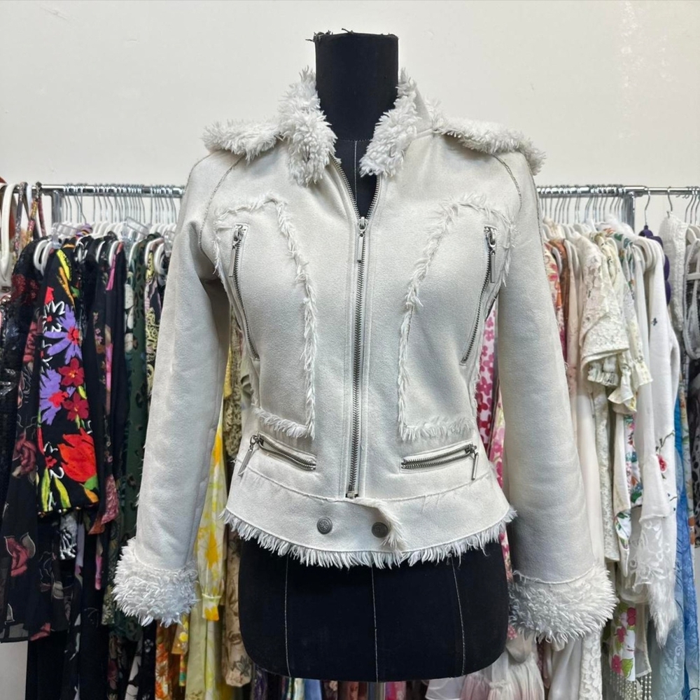 Bebe Cream Faux Suede Jacket with Faux Fur Trim